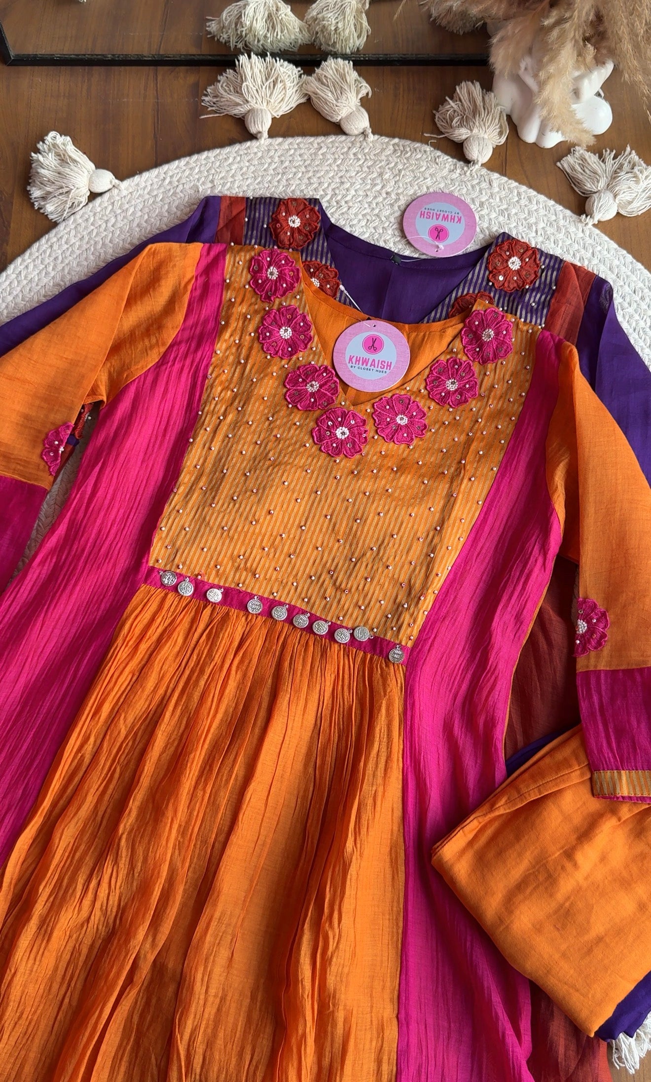 Saili Contrast Panel Mul Chanderi Dress-Pink With Orange
