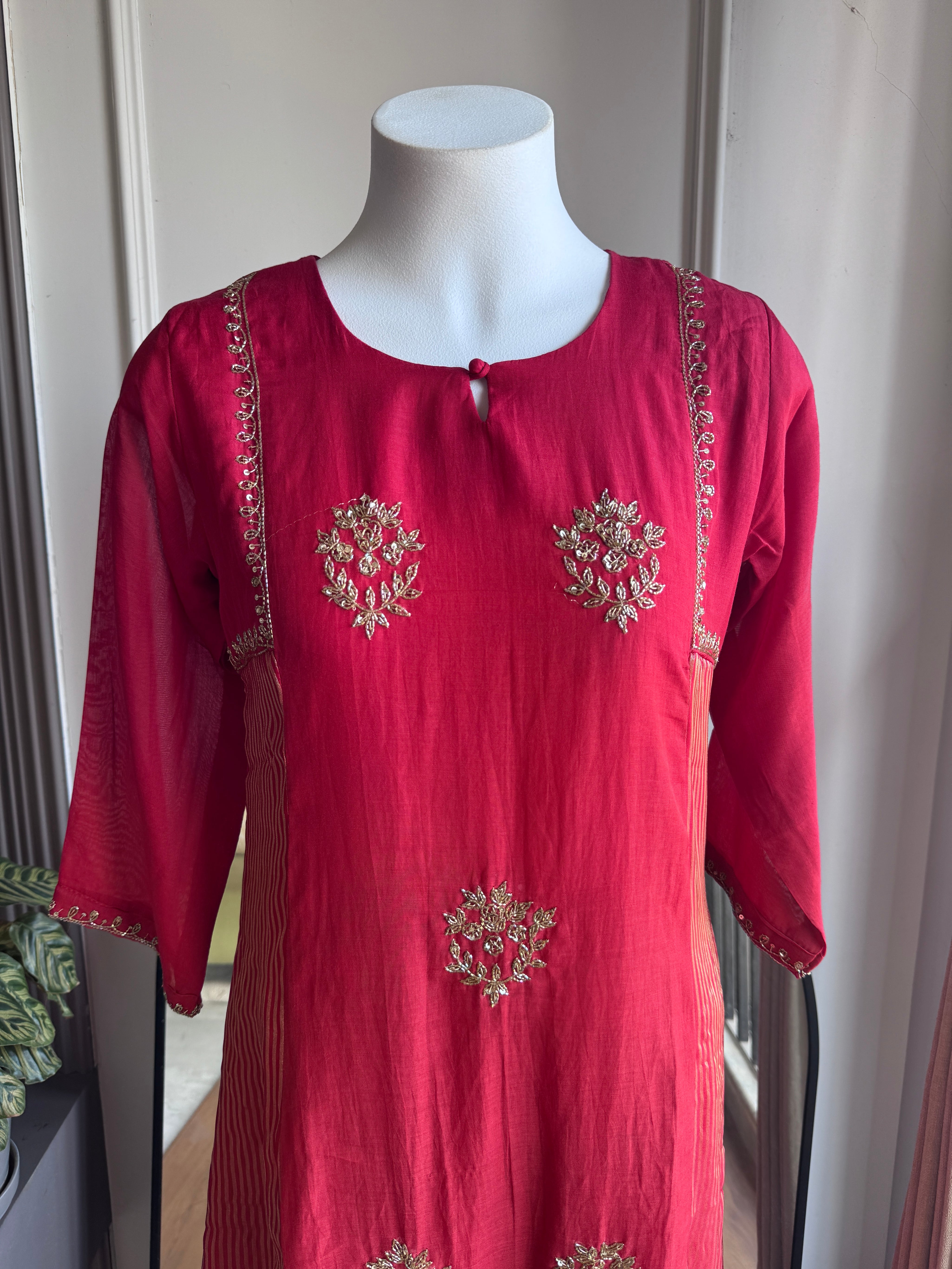 Yukti Striped Tissue with Mul Chanderi Dress- Rust