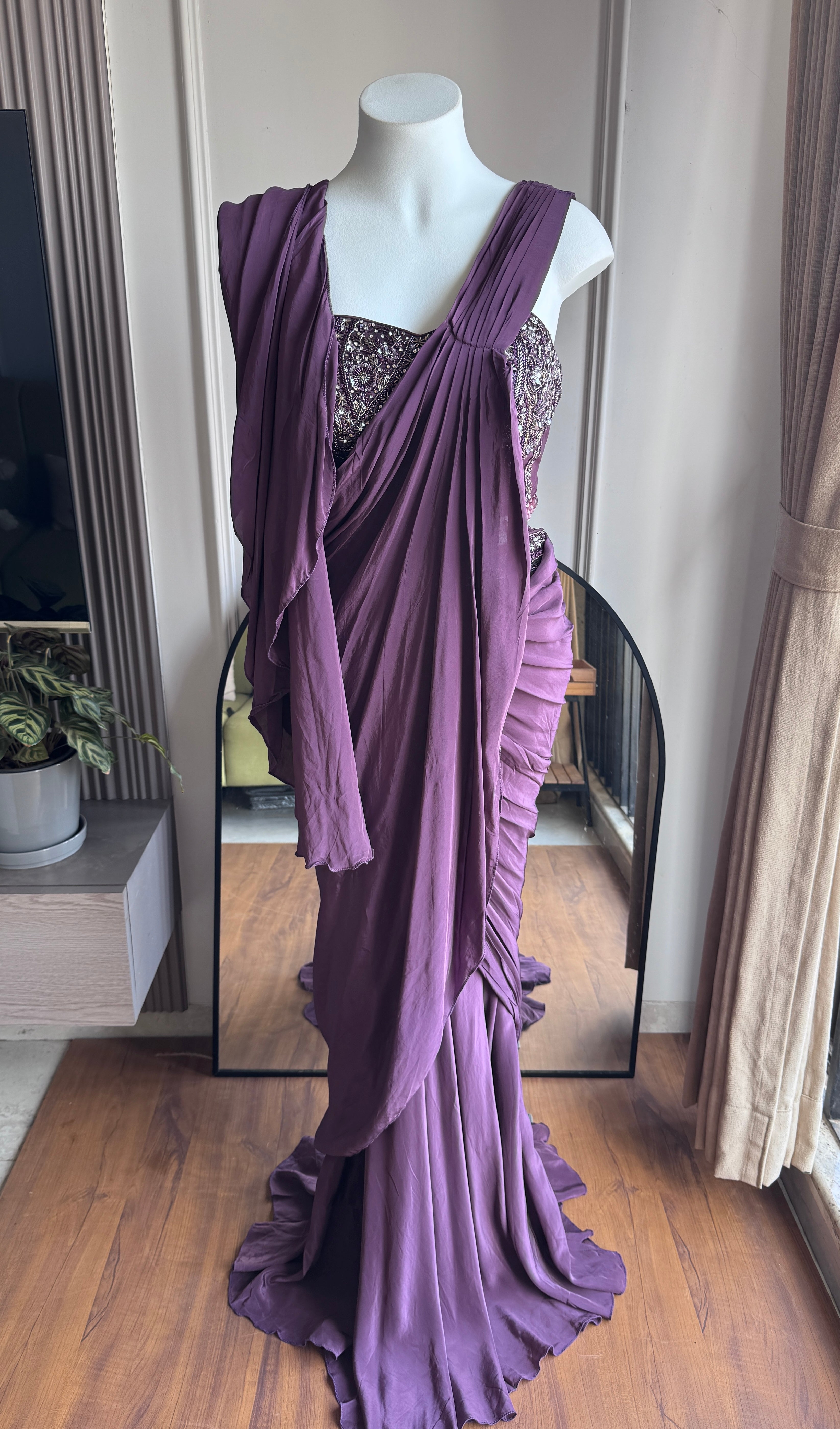Lata Handwork Drape Saree Set- Wine