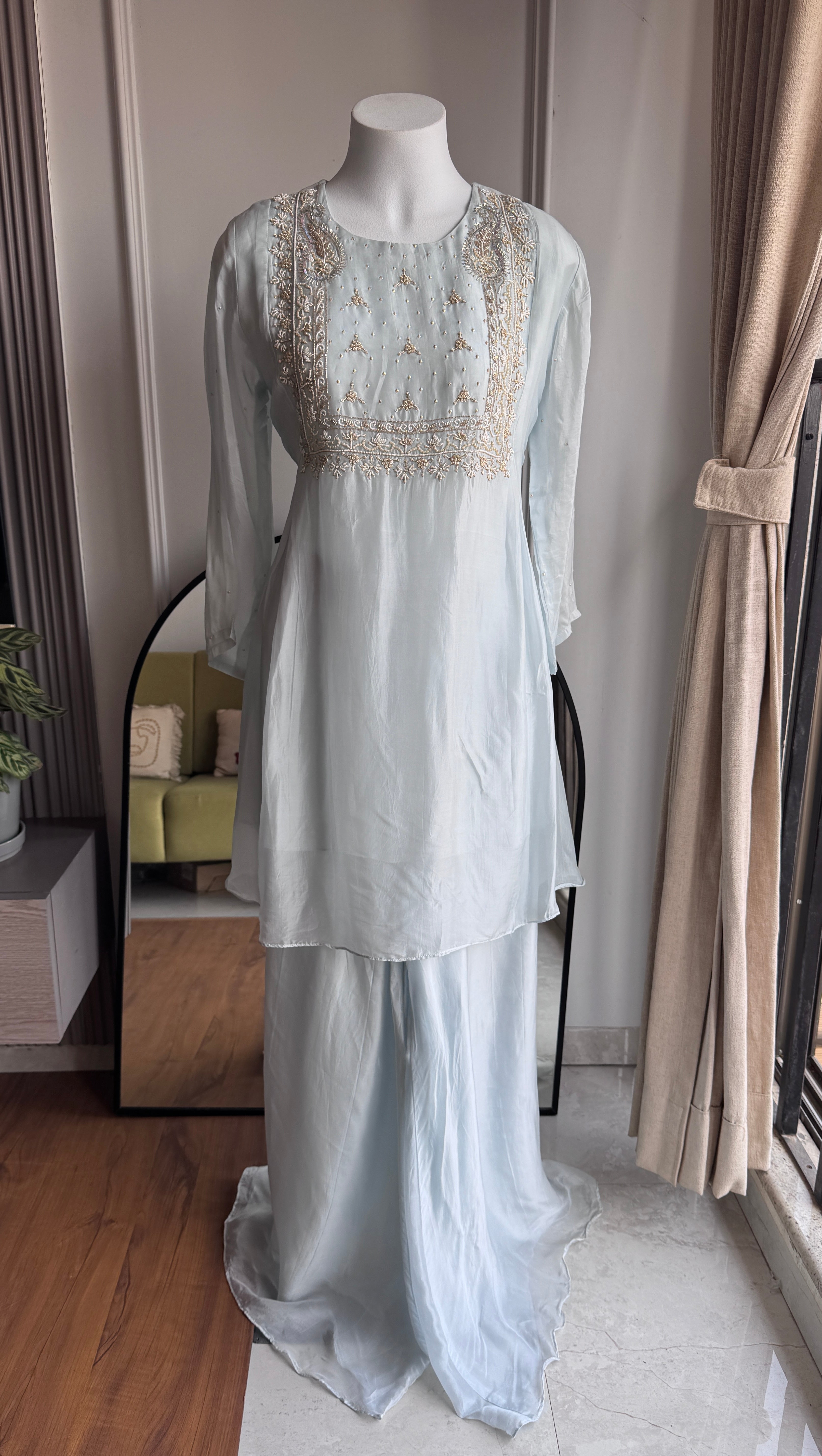 Neha Handwork Short Kurta Dress-Dusty Blue (Make to Order)