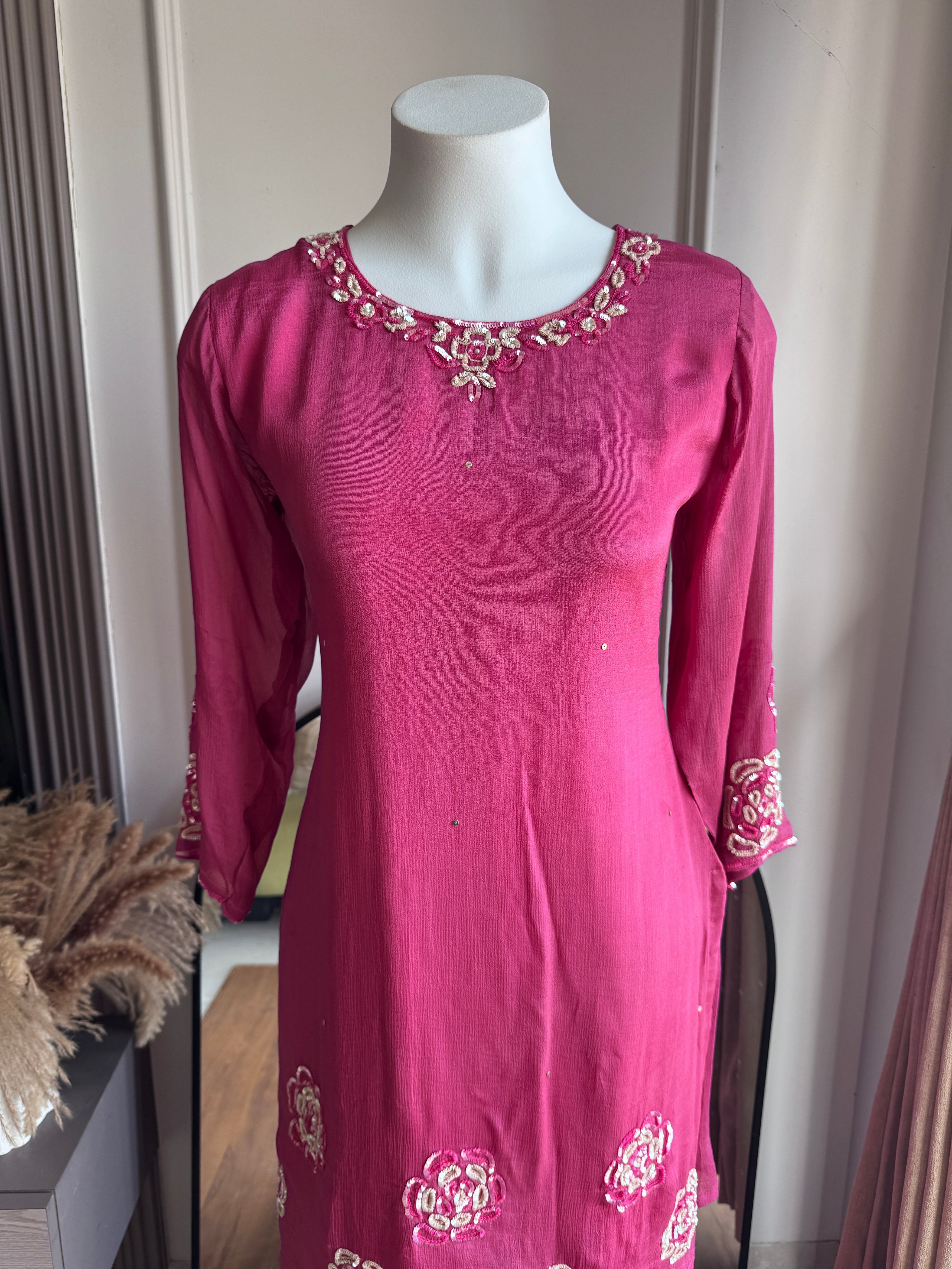 Esha Handwork Short Kurta Sharara Dress-Pink (Make to Order)