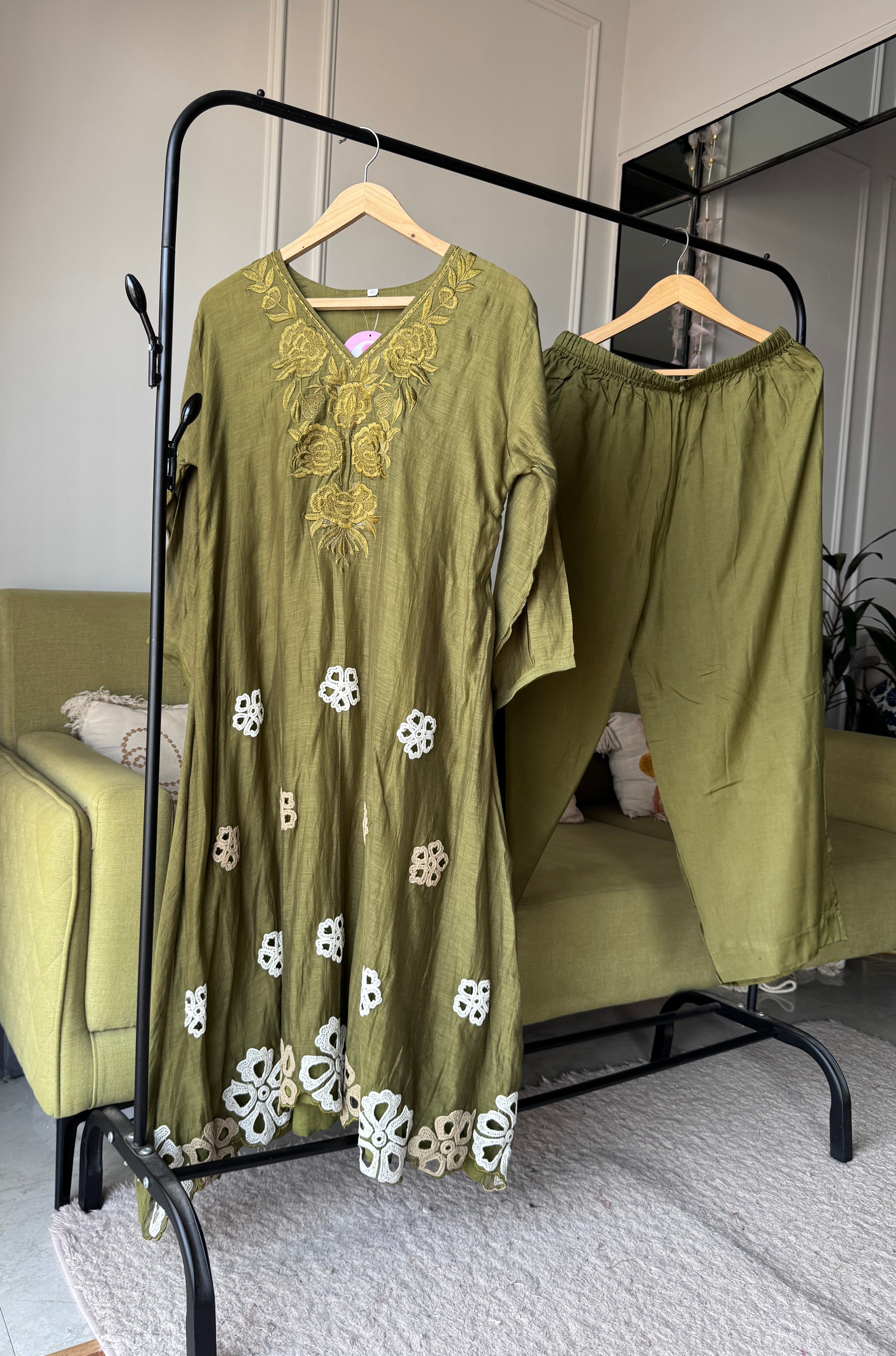 Mehek Aline  Mul Chanderi Dress- Mehndi Green