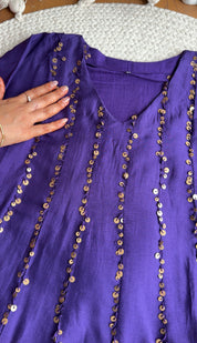 Tanisha Sequins All Over Scalloped Finishing DressWith Contrast Pants And Dupatta- Purple