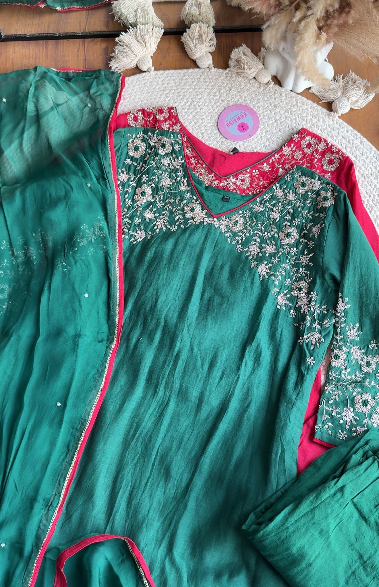 Sima Handwork Mul Chanderi Dress- Green