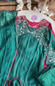 Sima Handwork Mul Chanderi Dress- Green