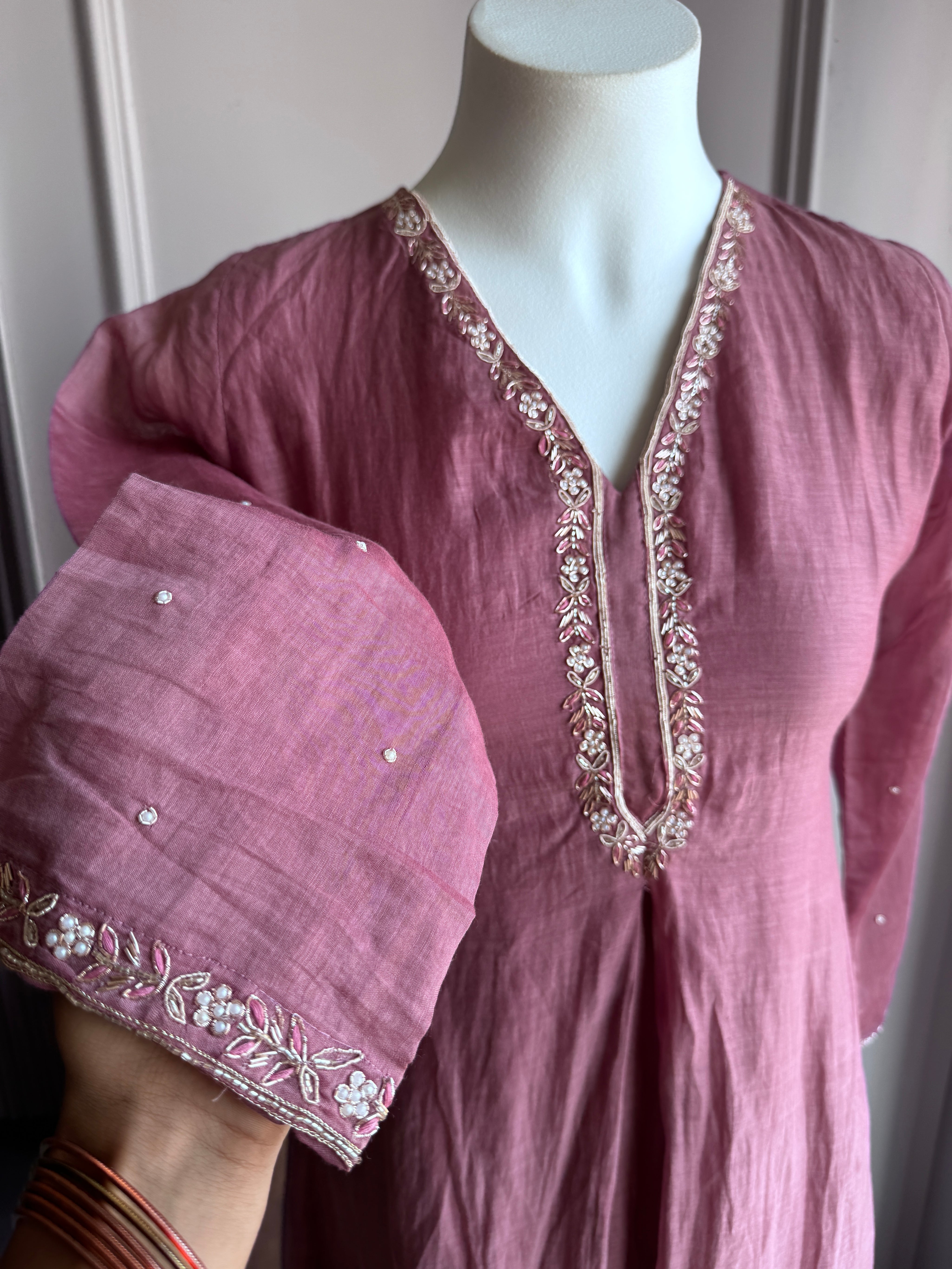 Aanaya Mul Chanderi  Hand work Dress- Onion Pink