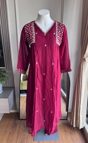 Krystle Handwork Mul Chanderi Dress-Maroon