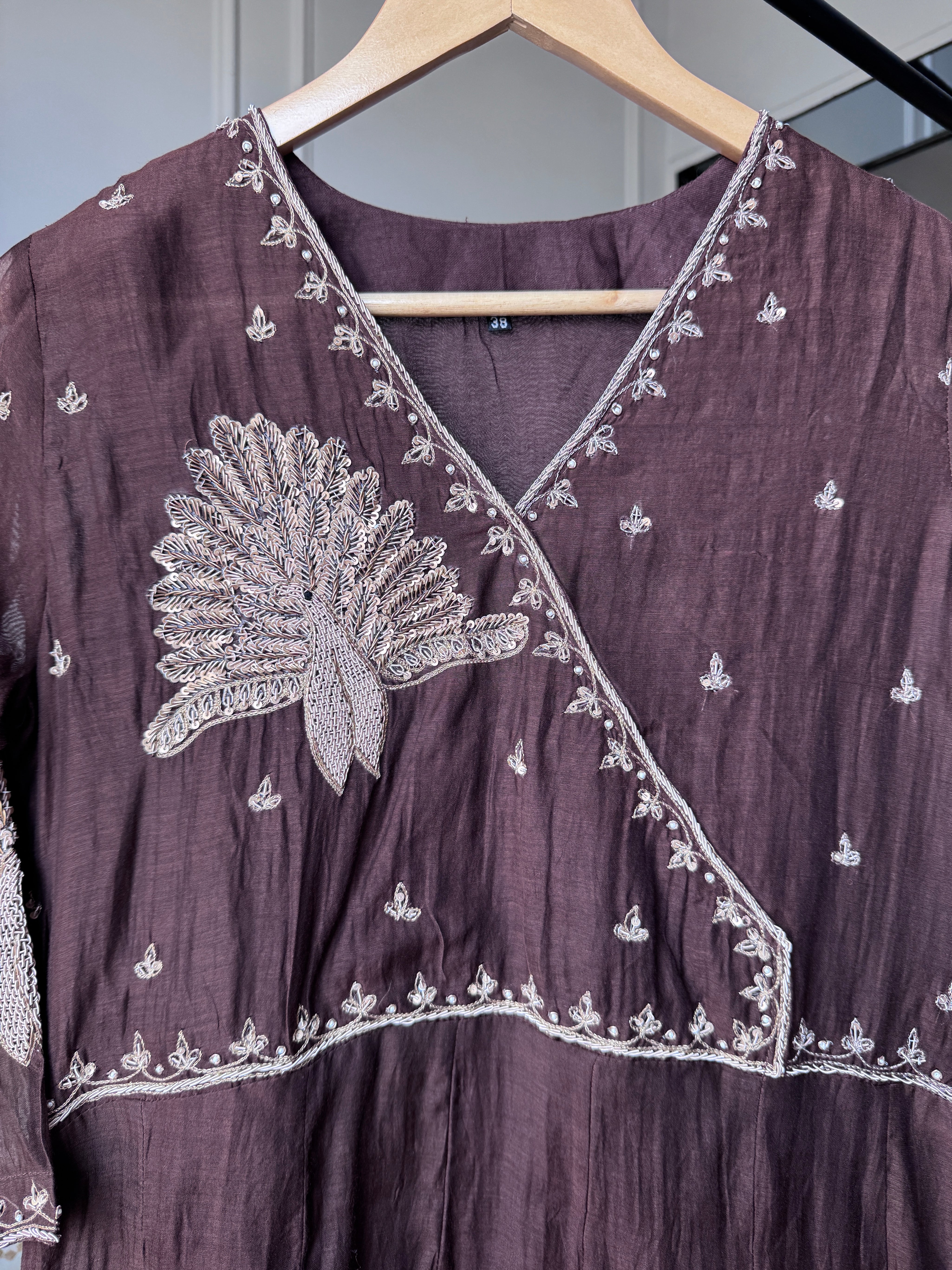 Kiran Handwork Mul Chanderi Anarkali Dress- Brown