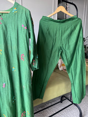 Siya Floral Embroided Mul Chanderi Dress- Green