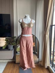 Dazzle Corset Top With Bell Bottoms Pants Full Handwork - Pink