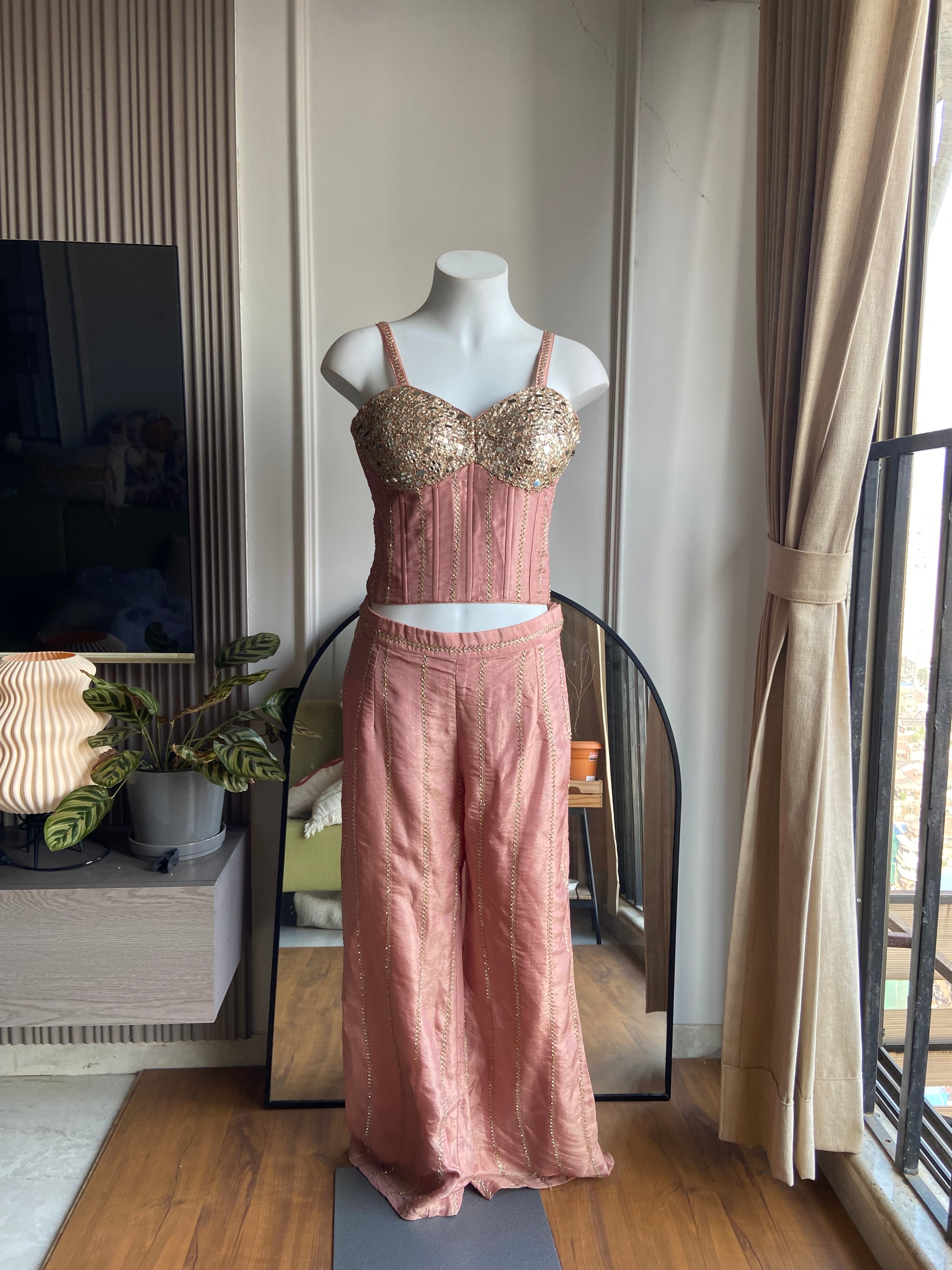 Dazzle Corset Top With Bell Bottoms Pants Full Handwork - Pink