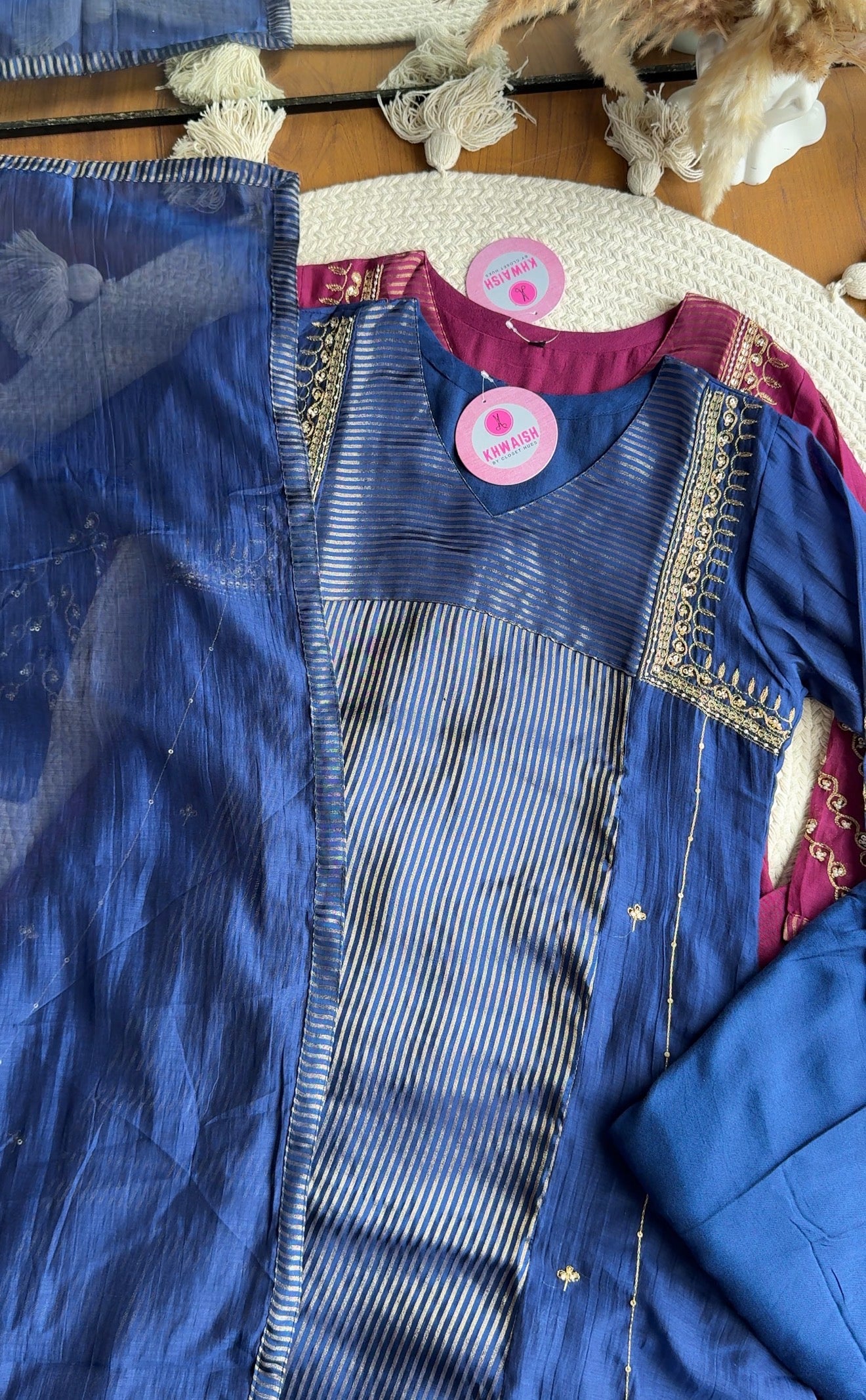 Suri Handwork Mul Chanderi Dress-Blue