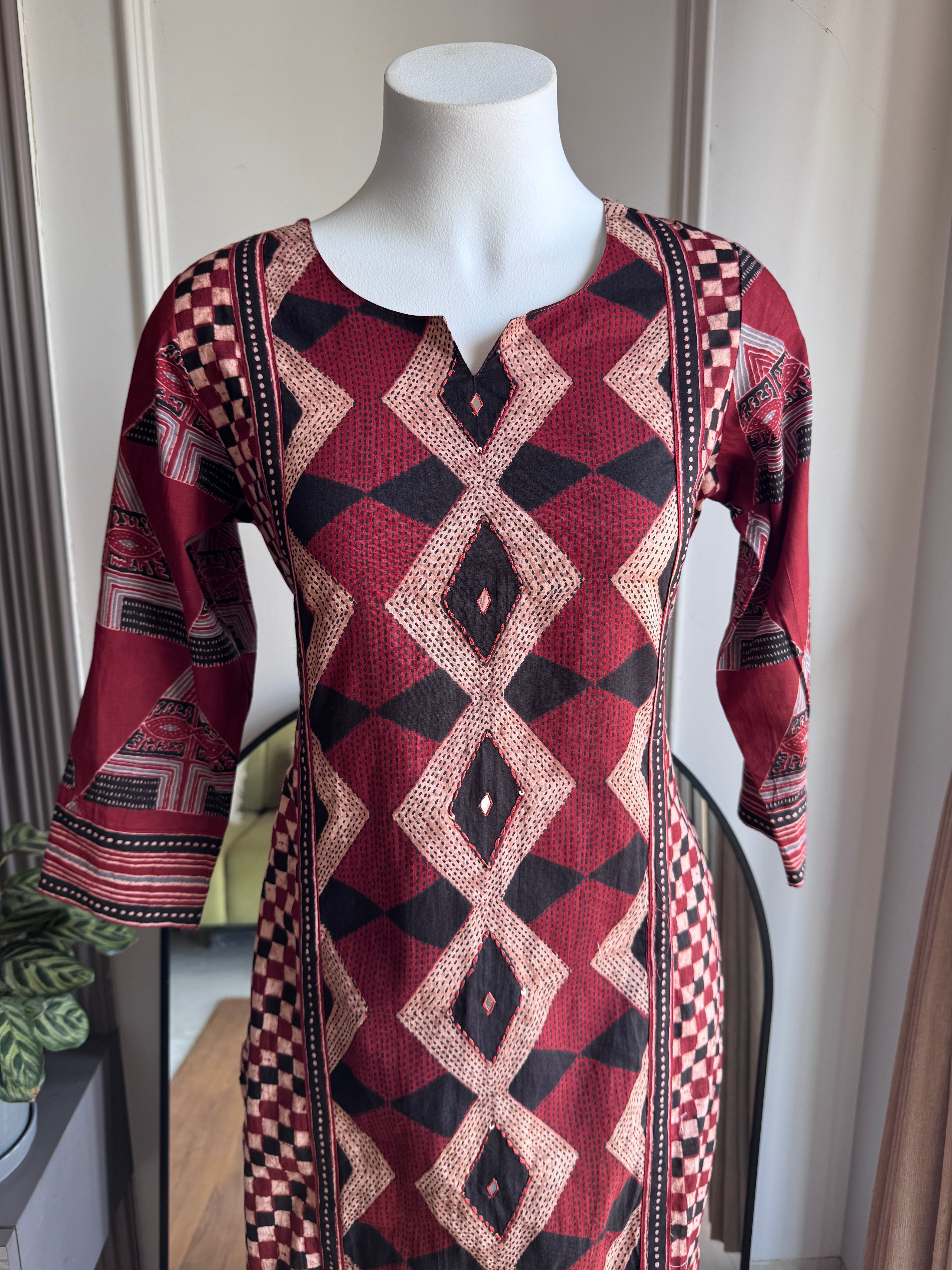Heer Chequered Cotton Dress-Brick Red