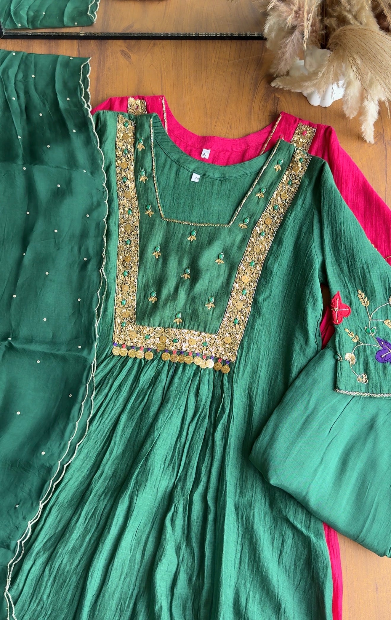 Janki Box Neck Handwork Dress- Green
