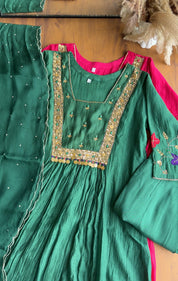 Janki Box Neck Handwork Dress- Green