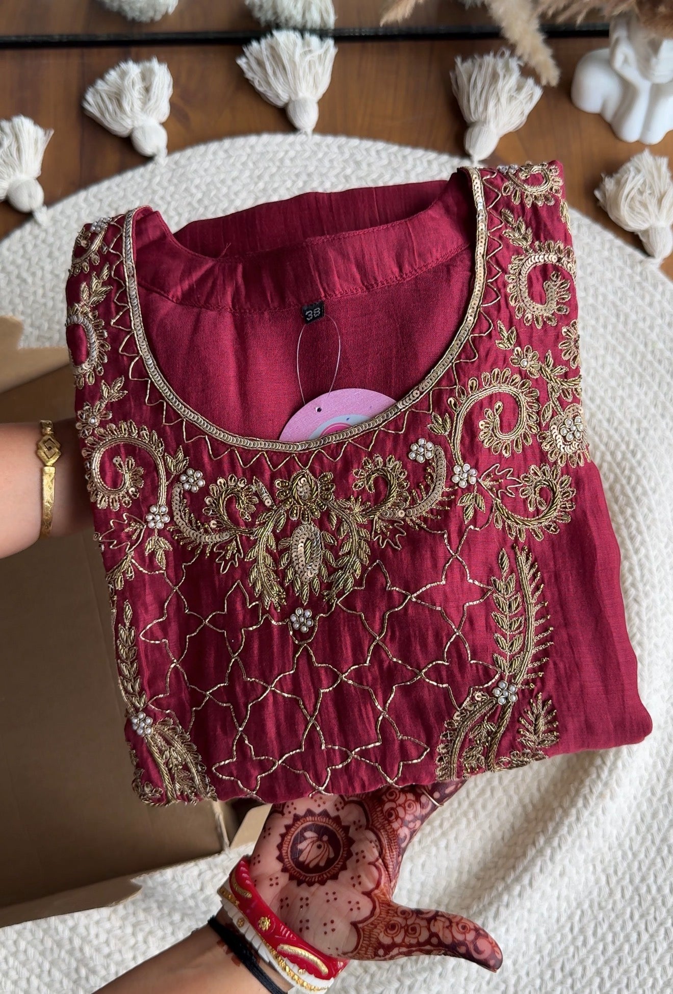 Shama Hand  Zardoshi Aline Dress- Maroon