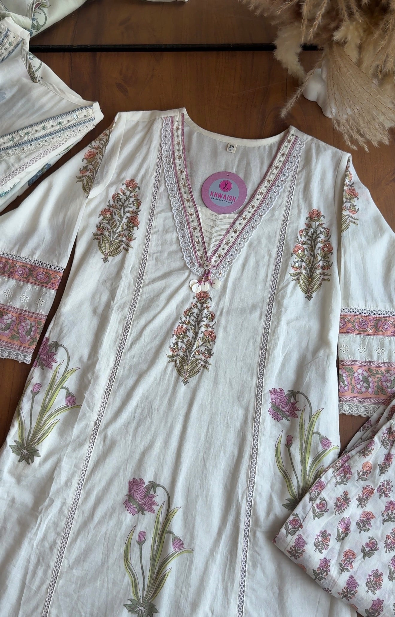 Mahi block print crochet lace dress- Pink