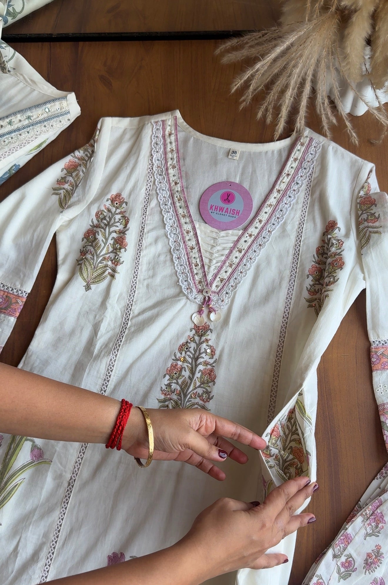 Mahi block print crochet lace dress- Pink