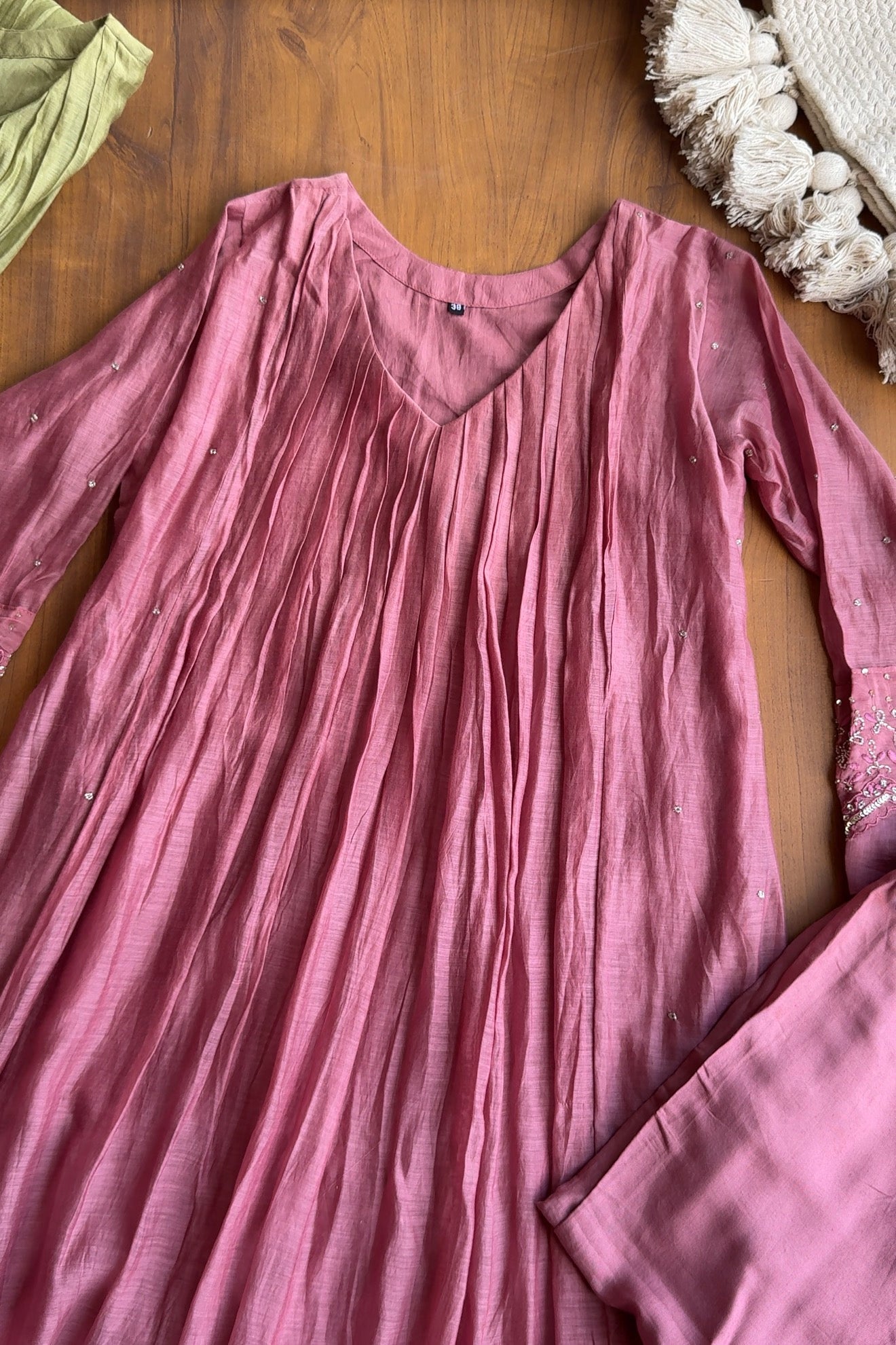 Sanjana Pleated Mul Chanderi Handwork - Dusty Pink