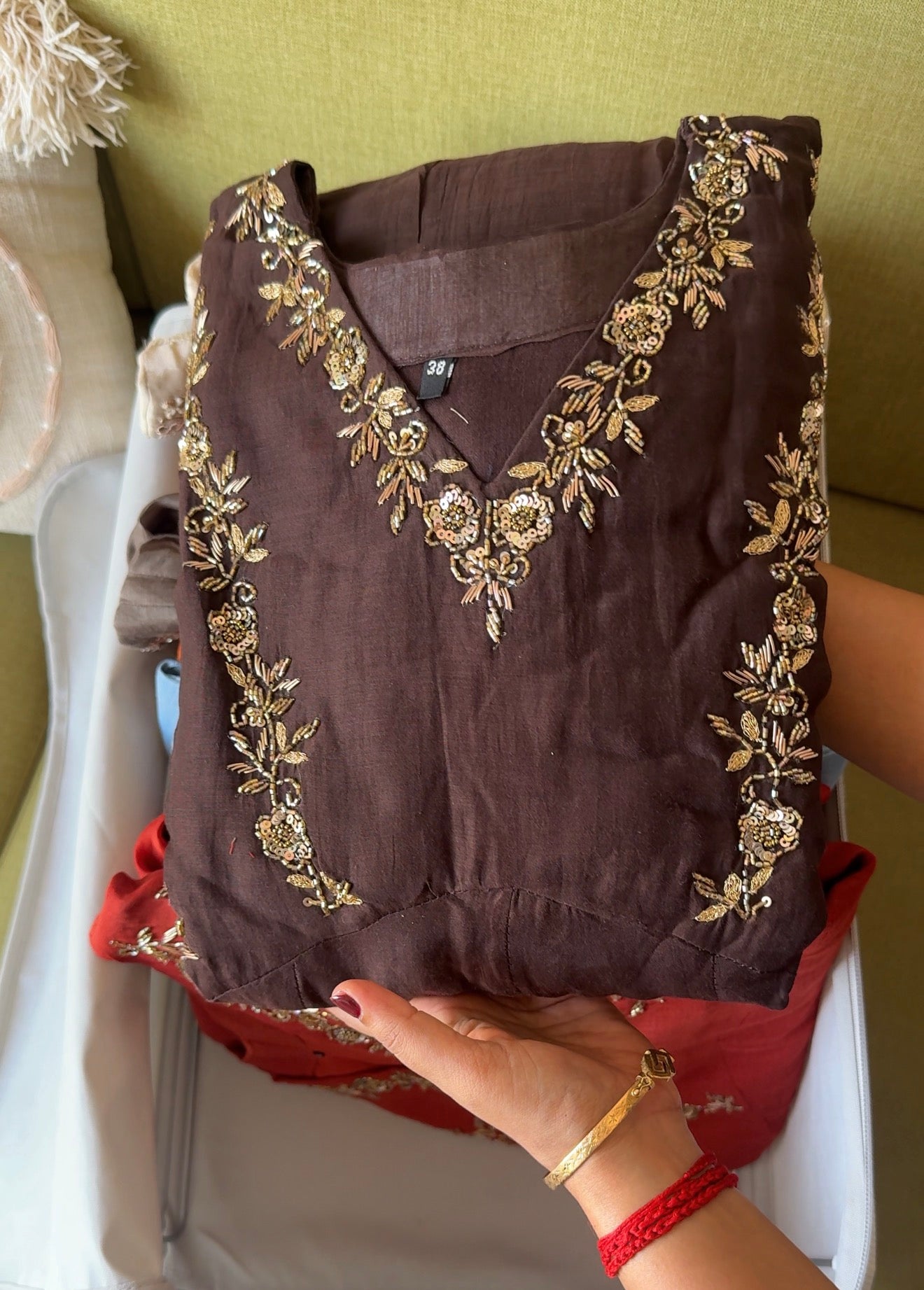 Siya Mul Chanderi Handwork Dress- Coffee Brown