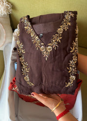 Siya Mul Chanderi Handwork Dress- Coffee Brown