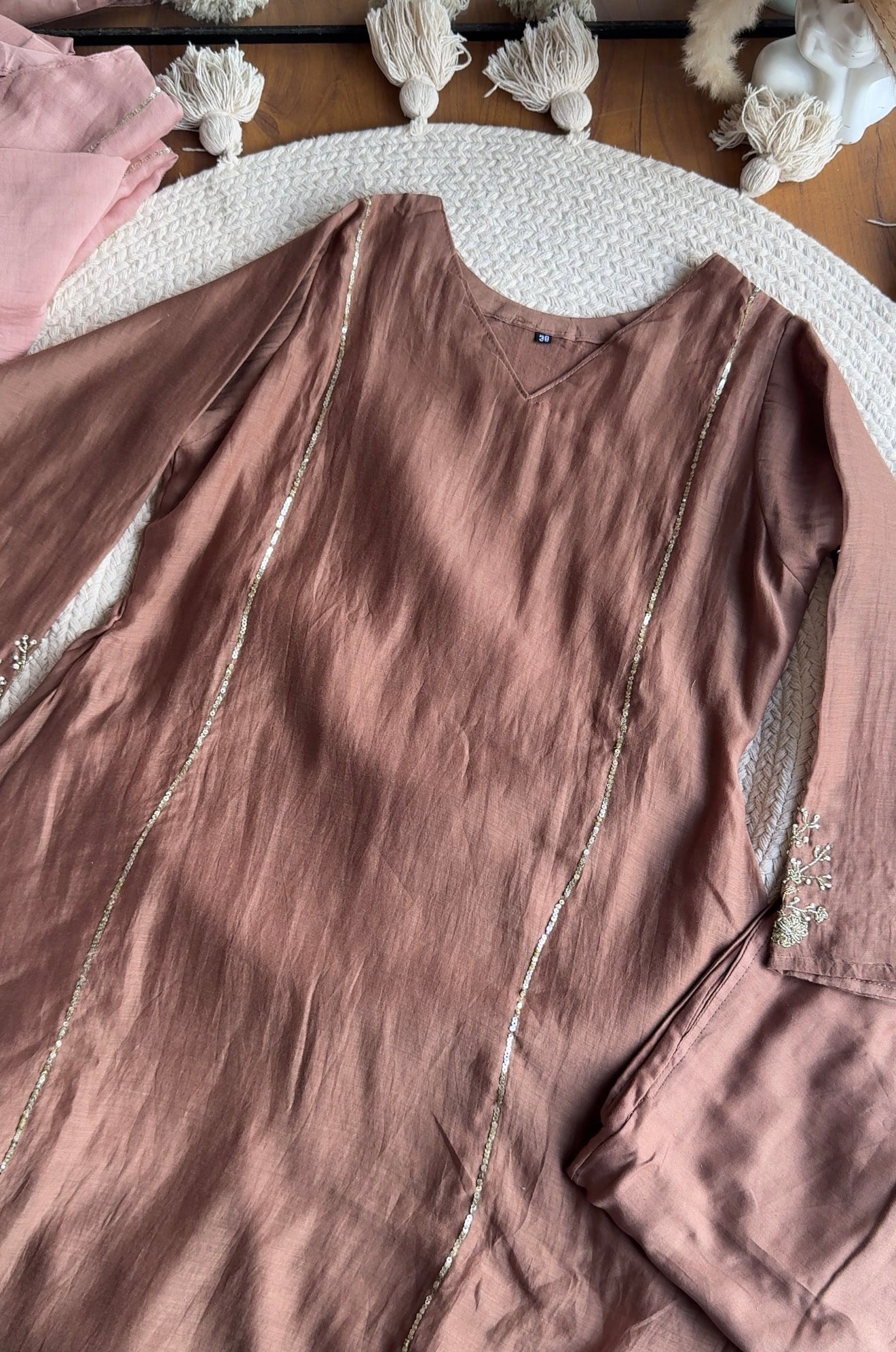 Kahani Sequin Work Mul Chanderi Dress-Brown
