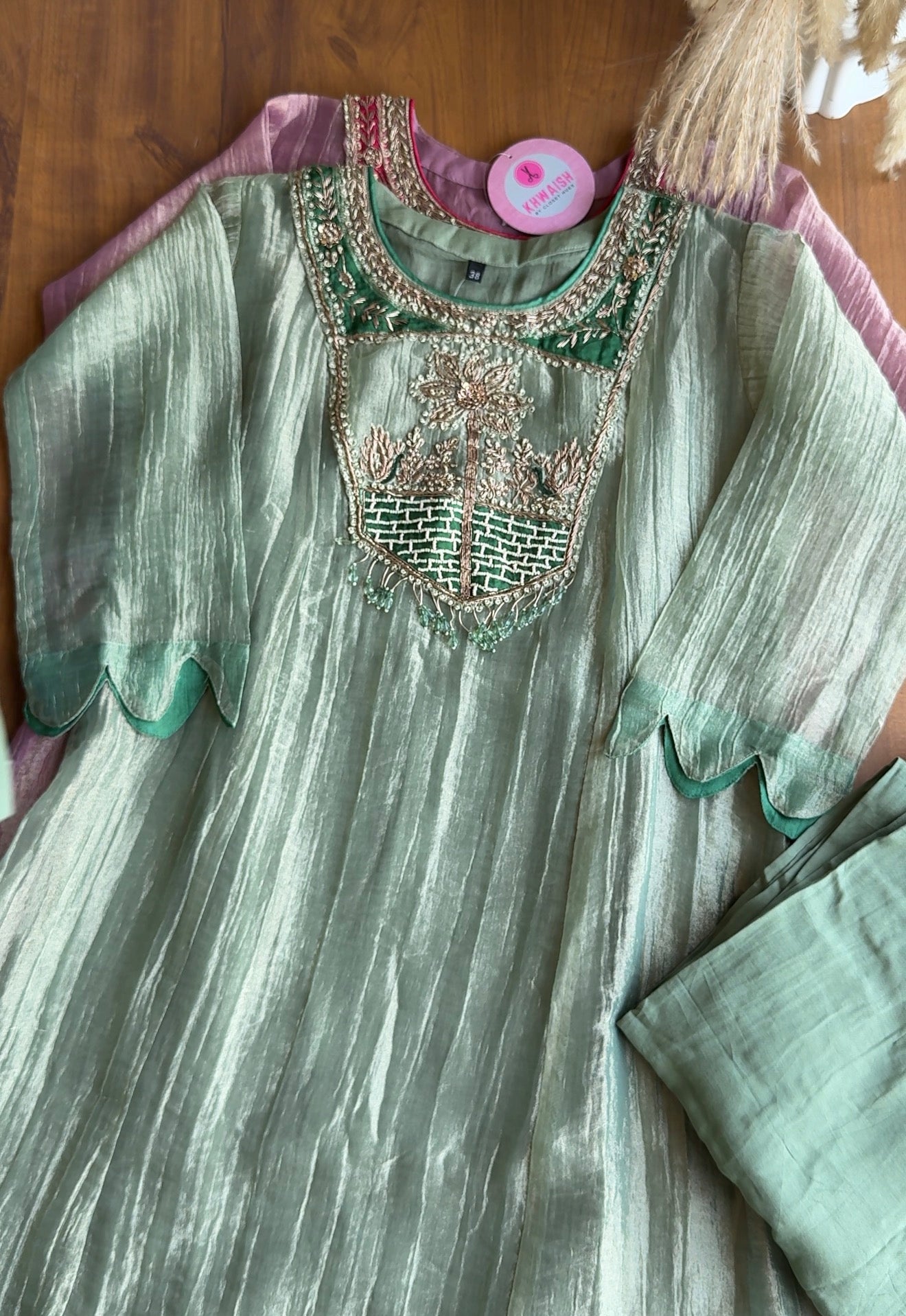 Jasmine Crush Tissue Anarkali Dress- Powder Green