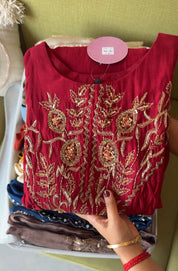 Rita Mul Chanderi Handwork Dress- Maroon