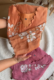 Preeti scalloped neck Patchwork And Handwork Coord Set- Orange
