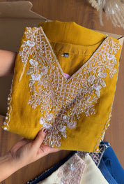 Jiya Handwork Aline Mul Chanderi Dress- Yellow