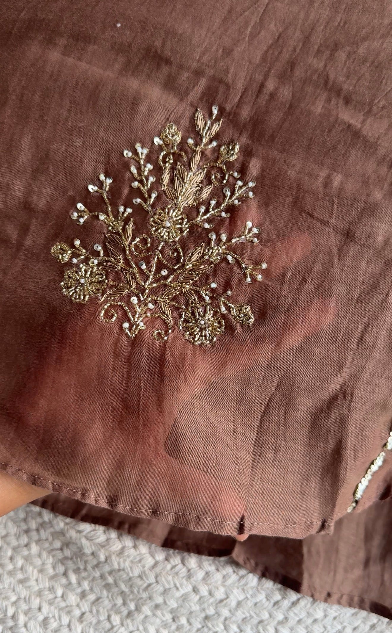 Kahani Sequin Work Mul Chanderi Dress-Brown