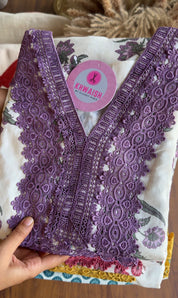 Sakshi Crochet Lace Neckline Block Print Dress- Purple