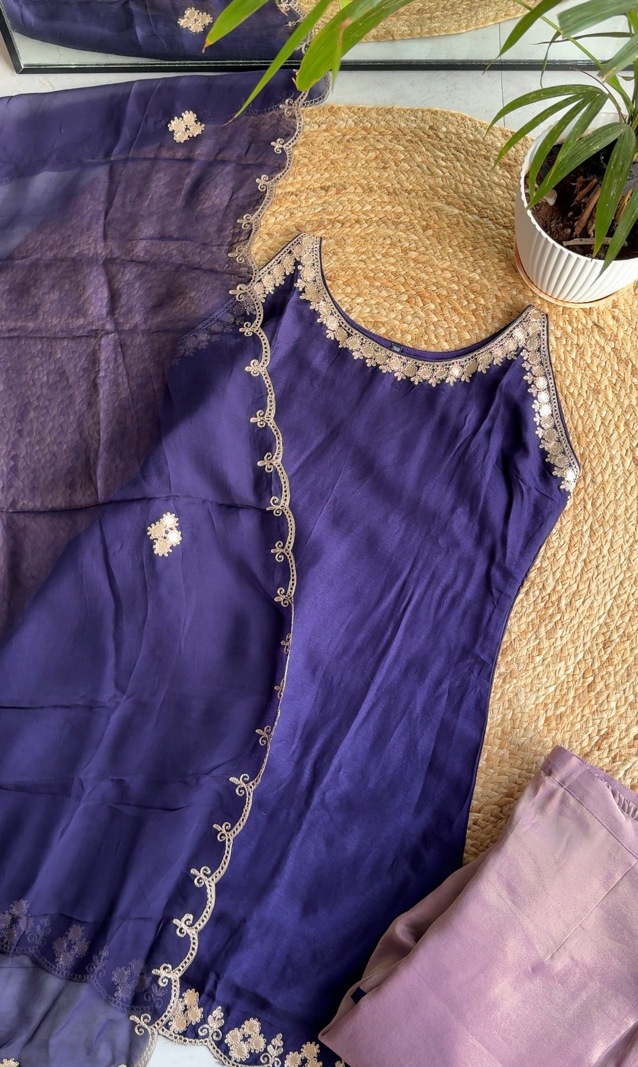 Aisha halter neck short kurta with pants - Purple