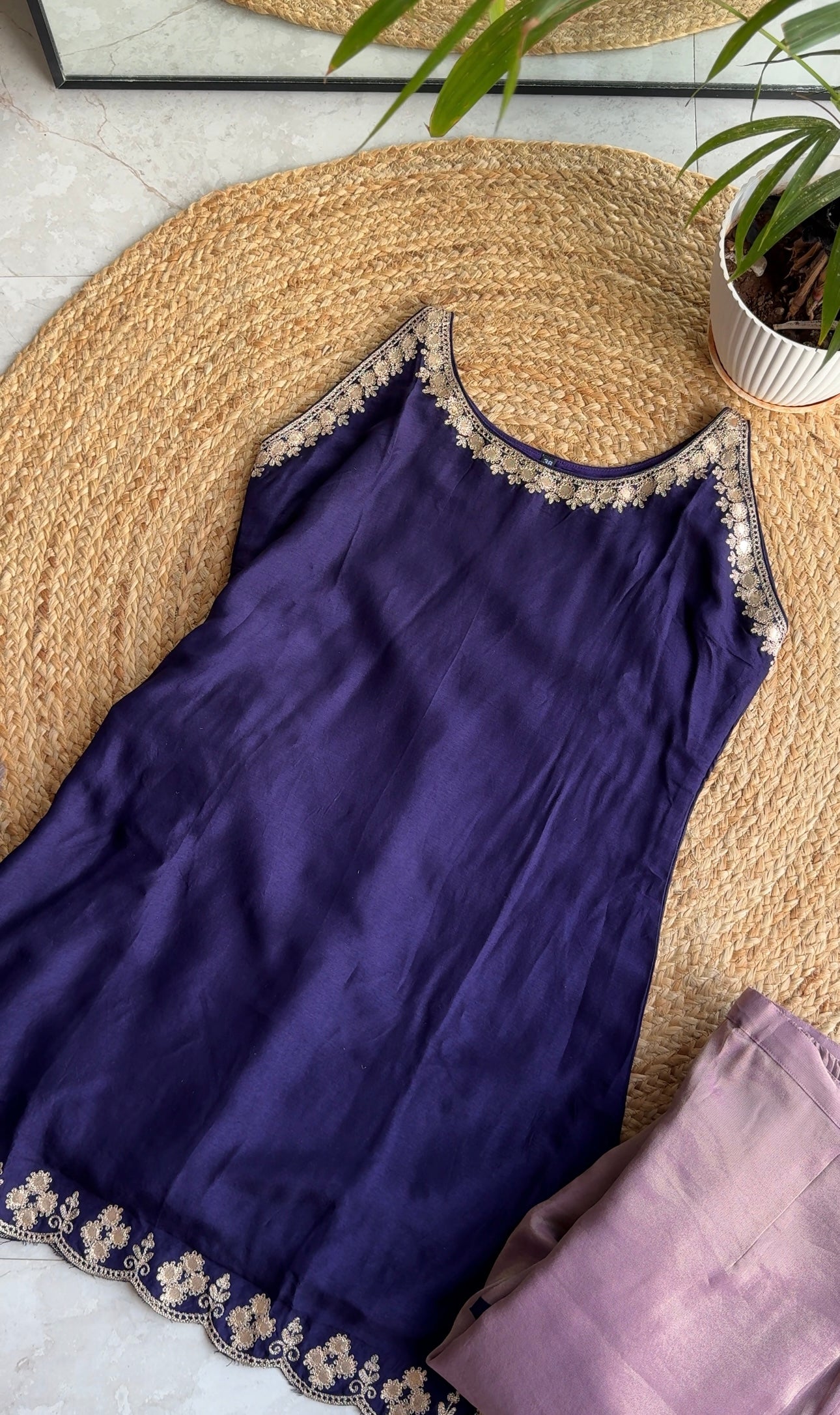 Aisha halter neck short kurta with pants - Purple