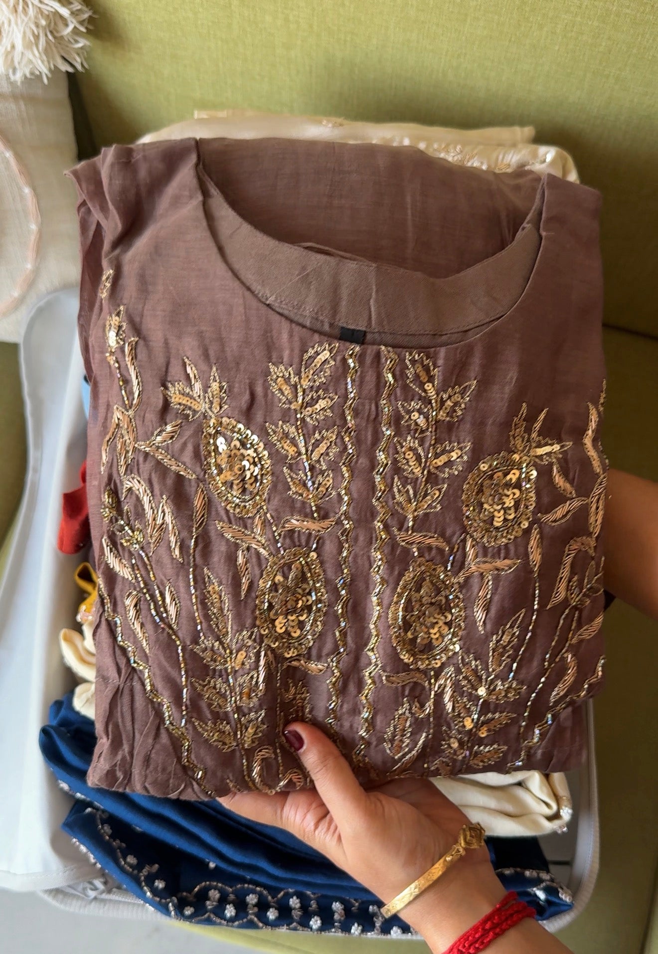 Rita Mul Chanderi Handwork Dress- Brown