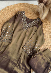 Shruti brown mirror work dress with palazzo and dupatta PRE ORDER