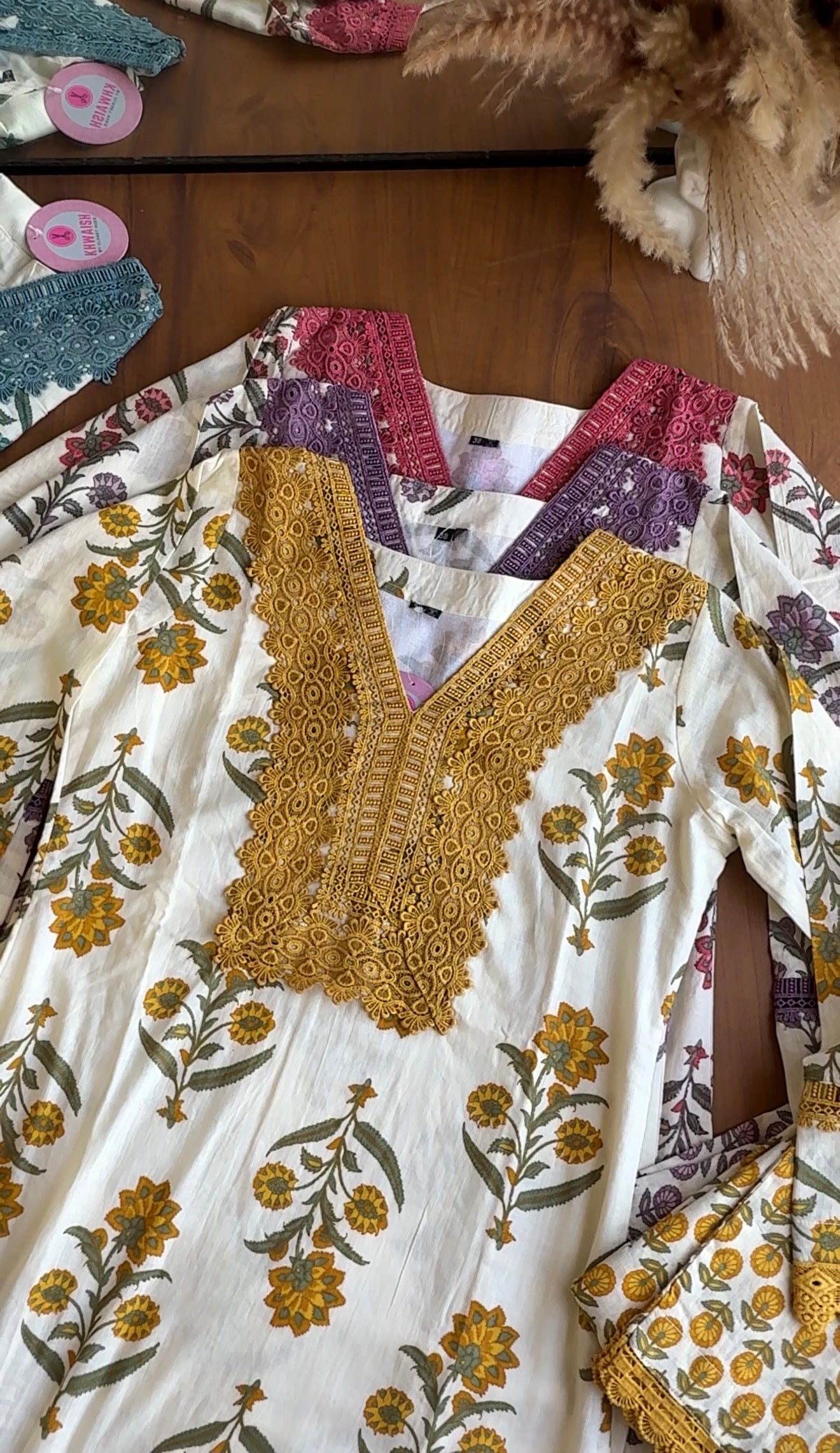 Sakshi Crochet Lace Neckline Block Print Dress- Yellow
