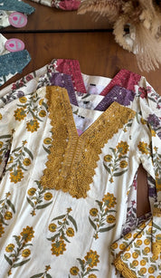 Sakshi Crochet Lace Neckline Block Print Dress- Yellow