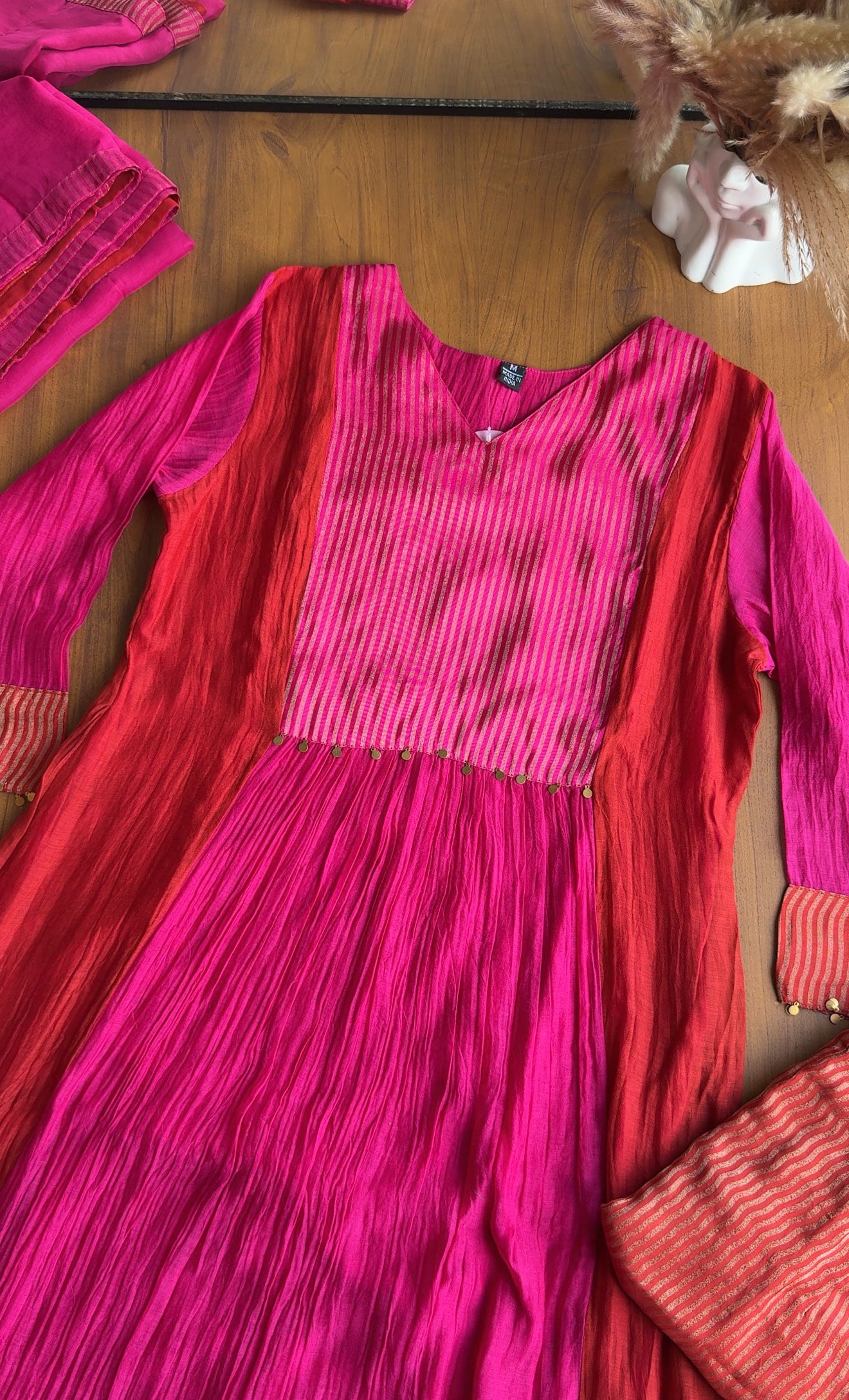 Rutvi Contrast Tissue And Mul Chanderi Dress - Rust ❣️