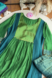 Rutvi Contrast Tissue And Mul Chanderi Dress - Green (Pre Order 15 days)