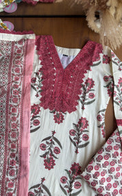 Sakshi Crochet Lace Neckline Block Print Dress- Pink