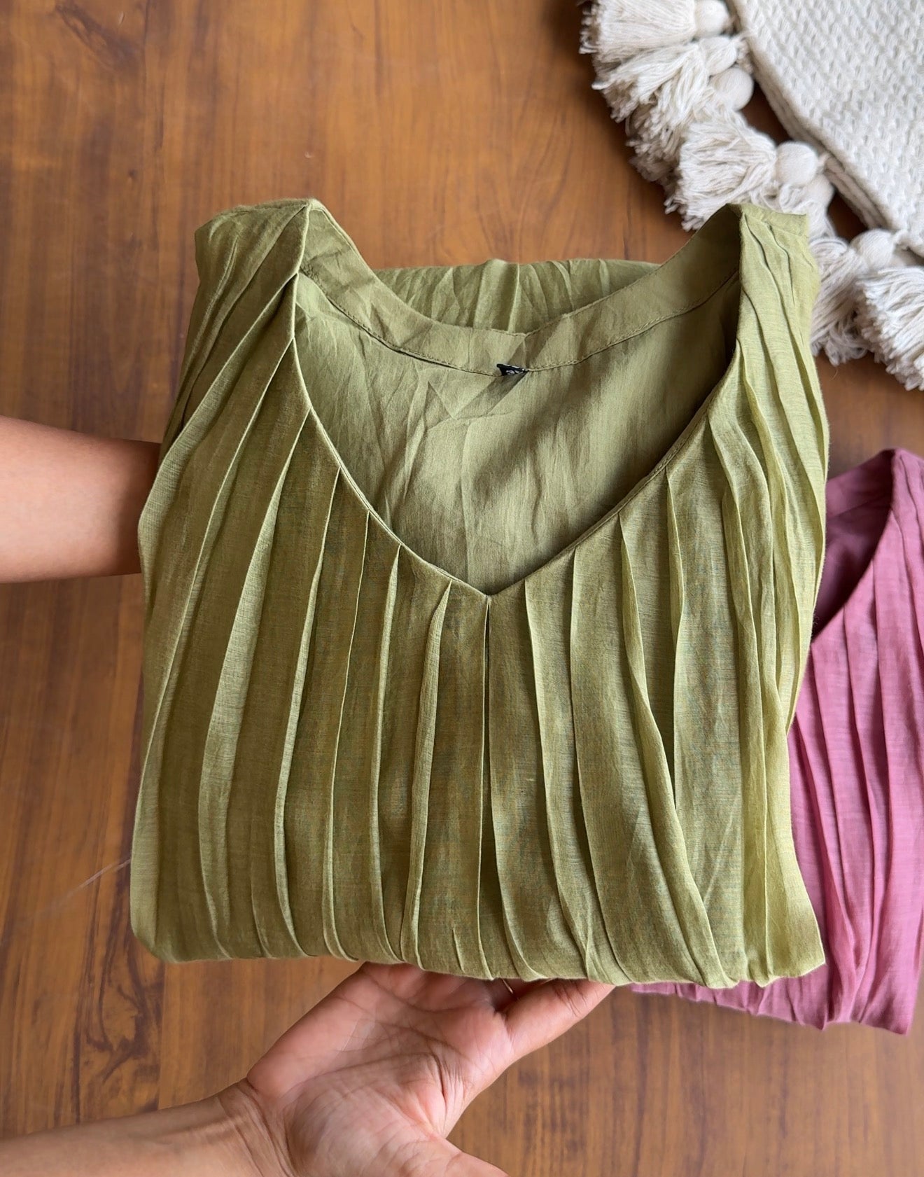 Sanjana Pleated Mul Chanderi Handwork Dress - Green