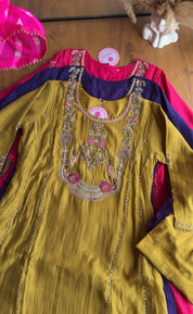 Tara Contrast Bandhej Dupatta Pure zardosi Dress-Mehndi Yellow