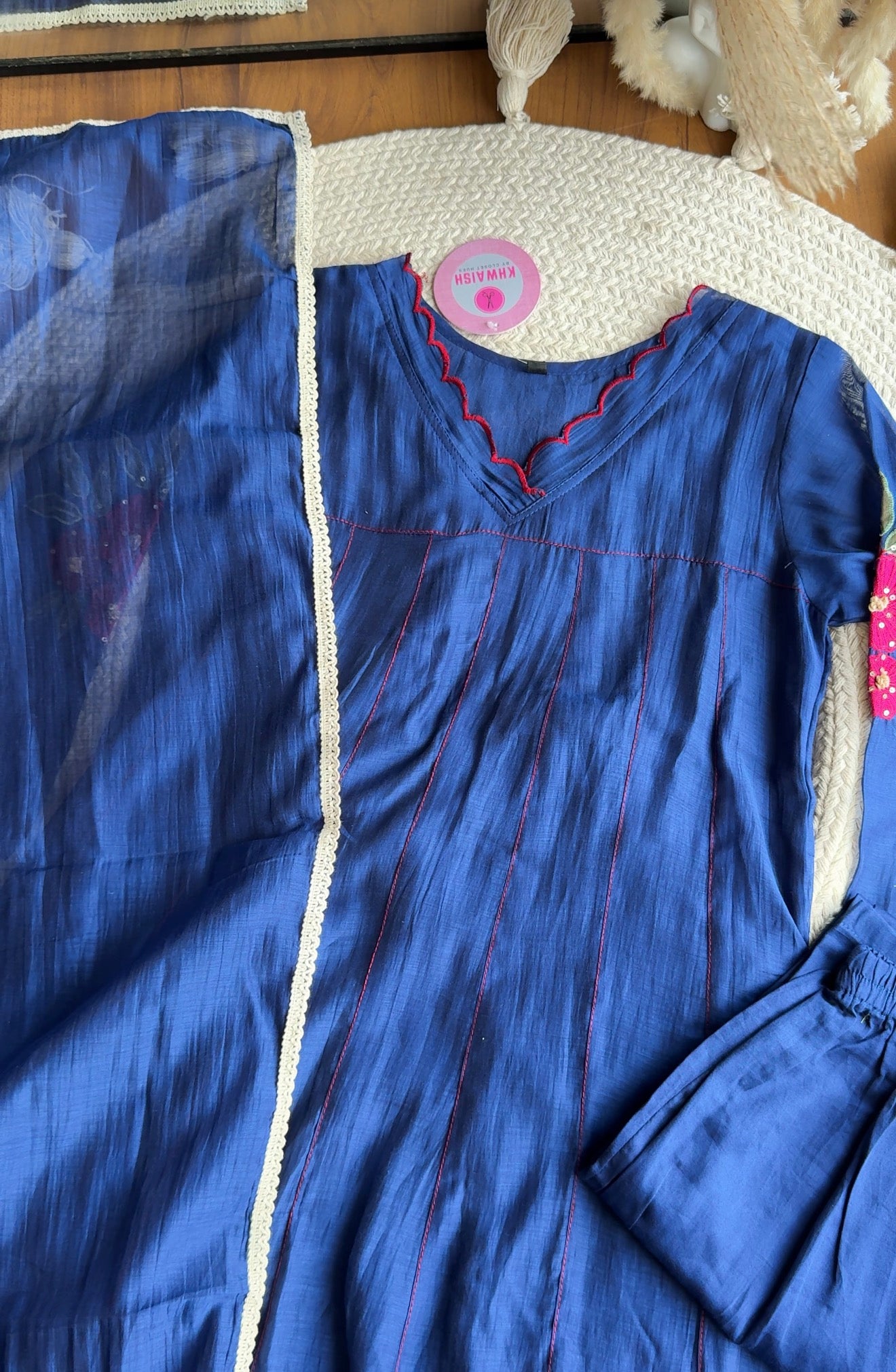 Kumkum Embroided Mul Chanderi Anarkali- Blue
