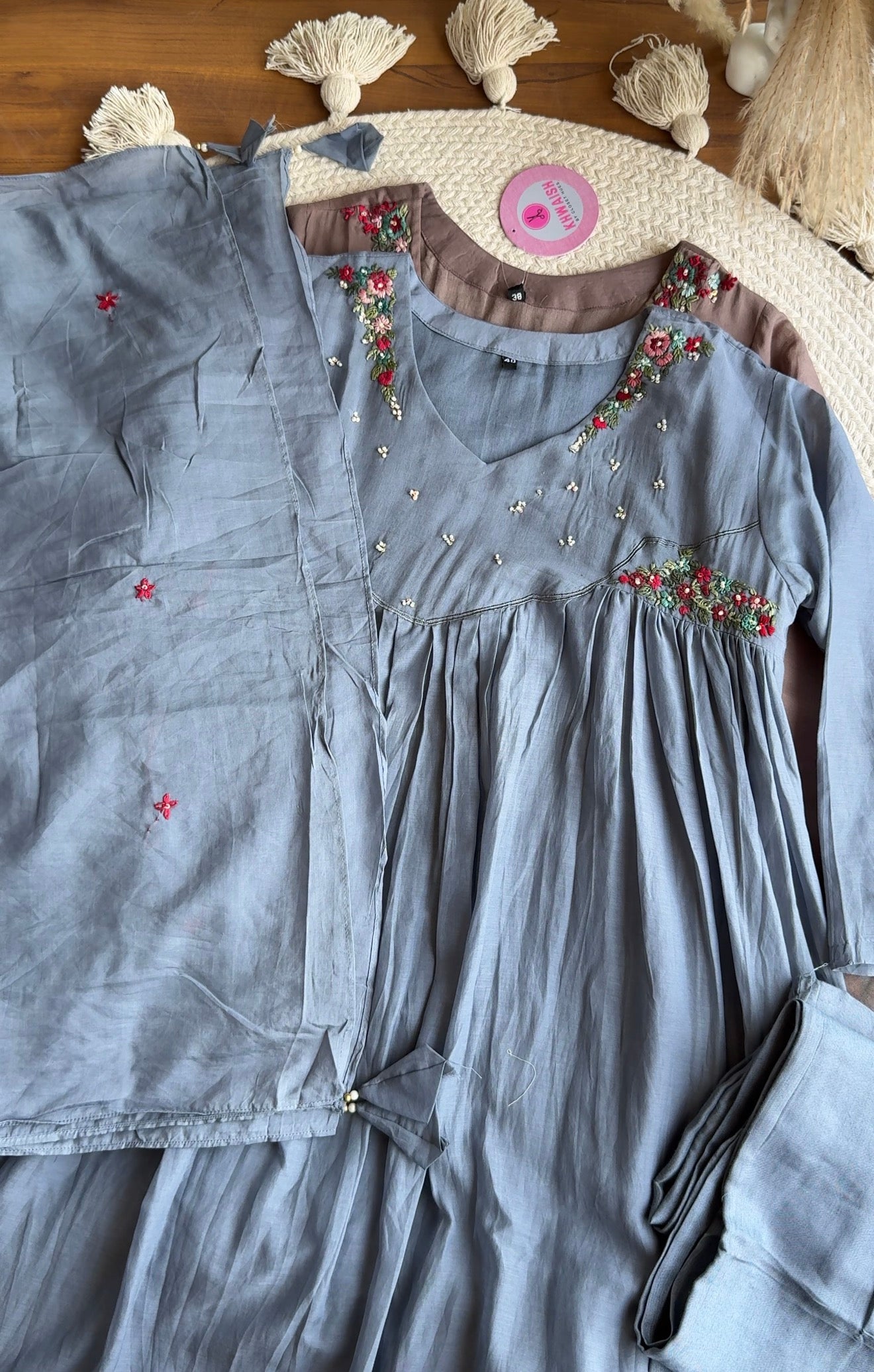 Sonam Floral Katha Work Mul Chanderi Dress- Dusty Blue