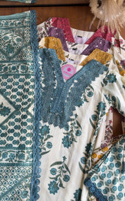Sakshi Crochet Lace Neckline Block Print Dress- Blue