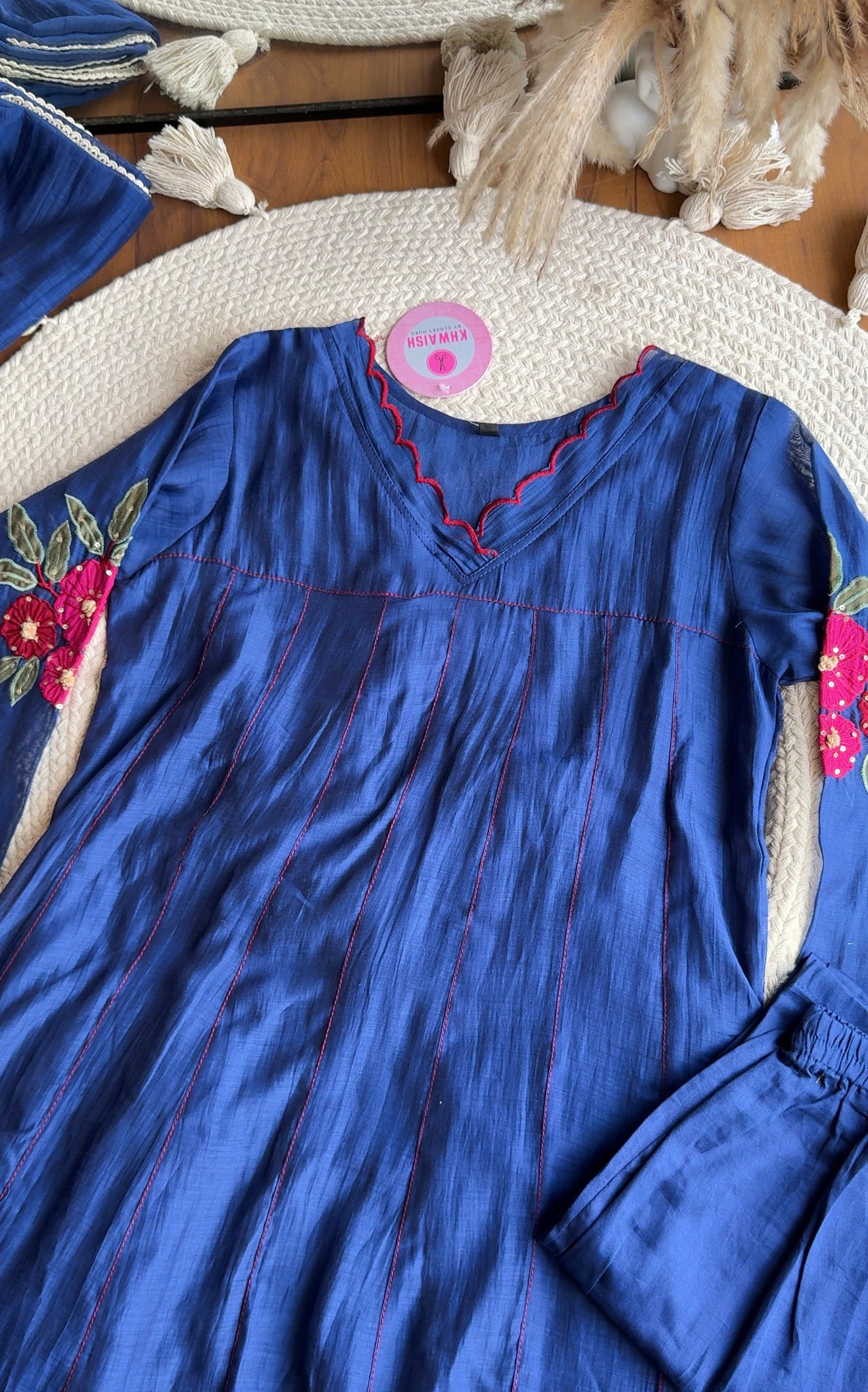 Kumkum Embroided Mul Chanderi Anarkali- Blue