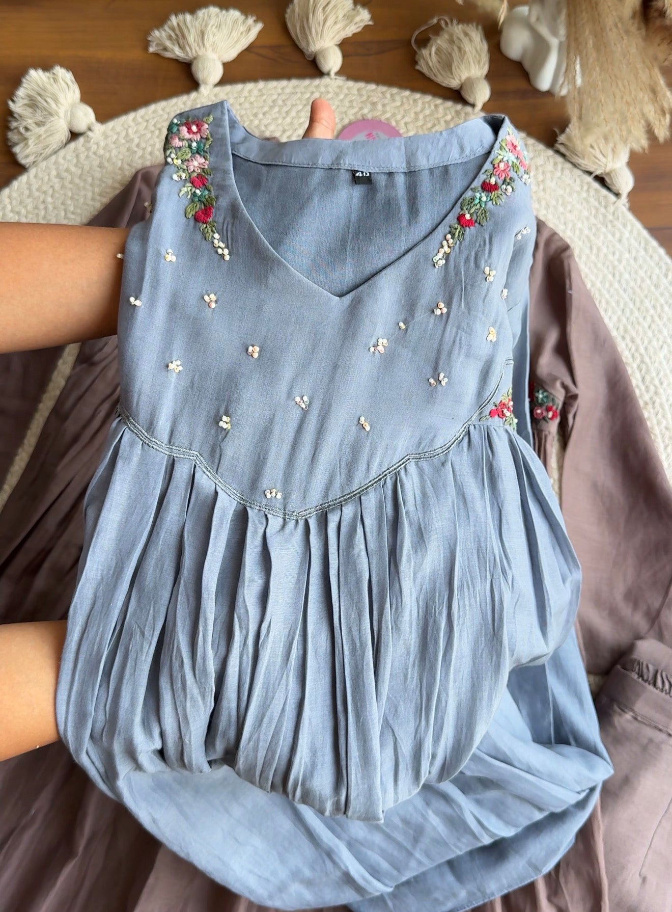 Sonam Floral Katha Work Mul Chanderi Dress- Dusty Blue