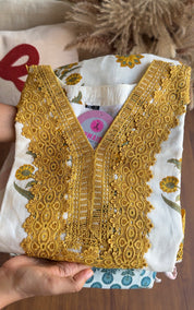 Sakshi Crochet Lace Neckline Block Print Dress- Yellow