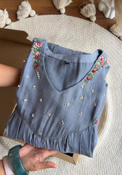 Sonam Floral Katha Work Mul Chanderi Dress- Dusty Blue